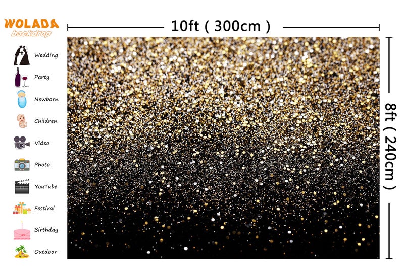 WOLADA Black and Gold Backdrop Golden Glitter Backdrop for Photography Wedding Birthday Baby Shower Party Photo Studio 10x8FT 11176 - Image 3